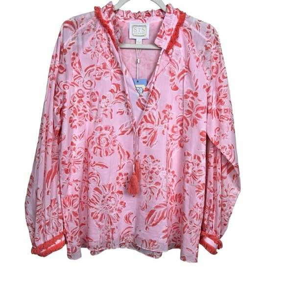 SAIL TO SABLE - CORAL TOILE RUFFLE NECK TOP L - Picture 2 of 8